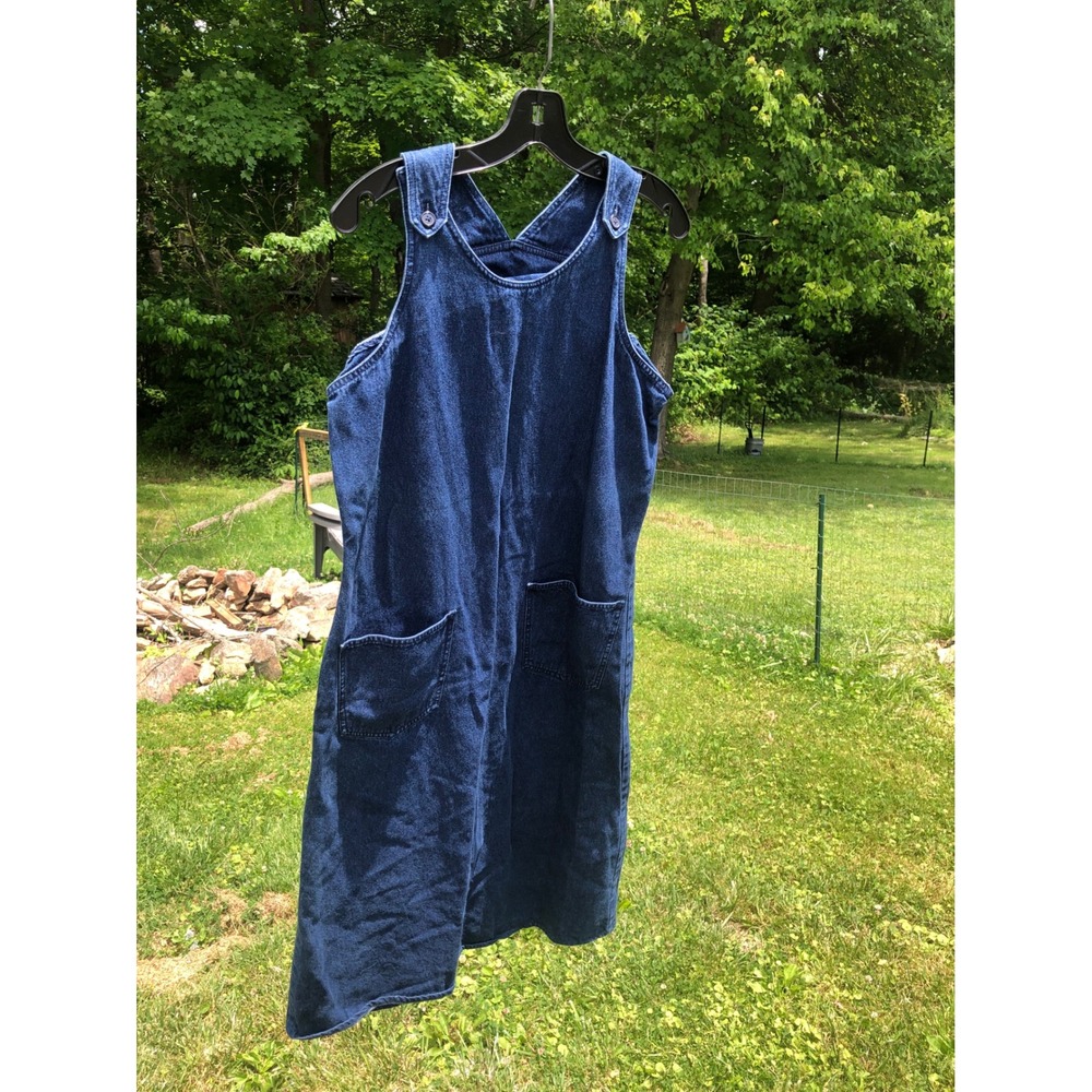 Vtg Casual Corner patch pocket Denim Jumper Dress Dark Wash Midi Pinafore Sz 10